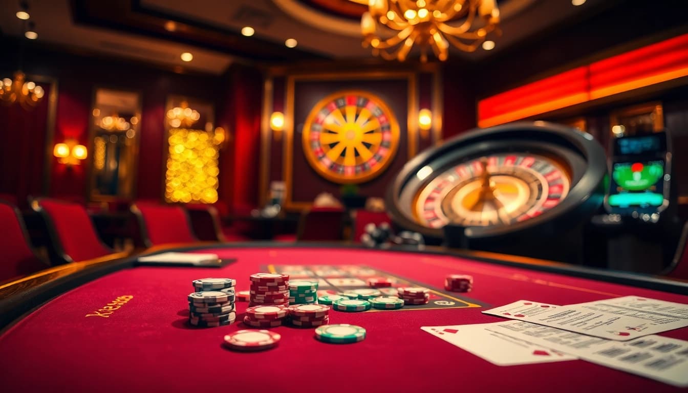 Xoso66 casino players engaging at a luxurious poker table with cards and chips.