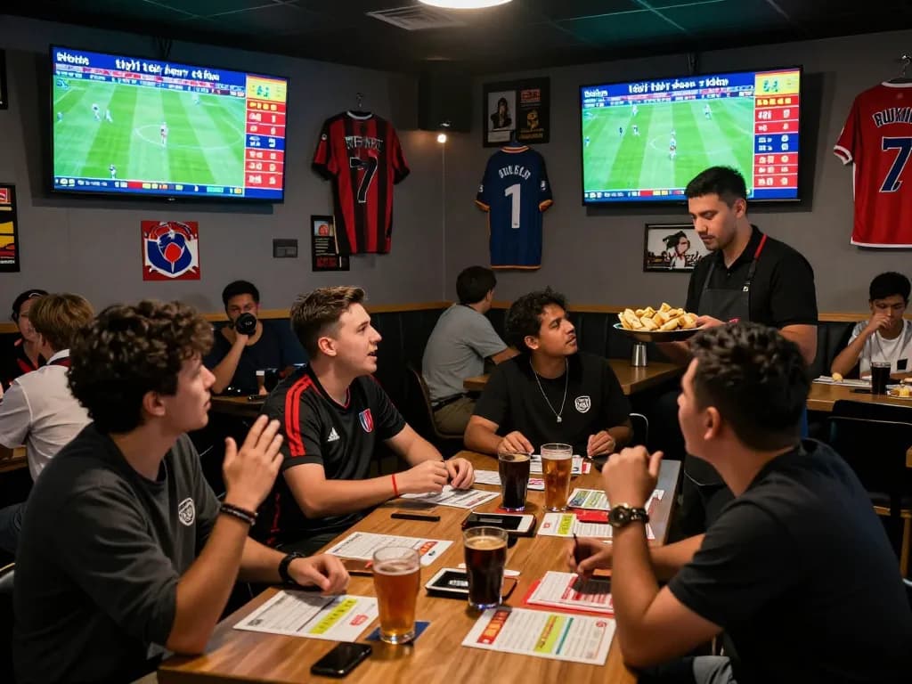 Exciting football betting scene showcasing live tỷ lệ kèo updates in a vibrant sports bar ambience.