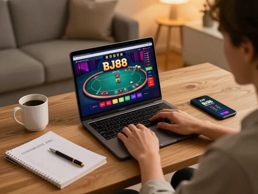 Engaging online gaming session on BJ88 poker interface from a cozy home environment