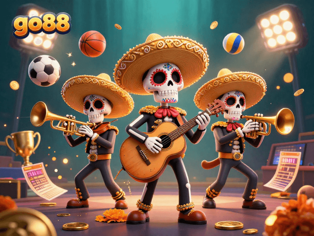 Join the vibrant go88 skeleton mariachi band in a dynamic sports-themed casino scene!