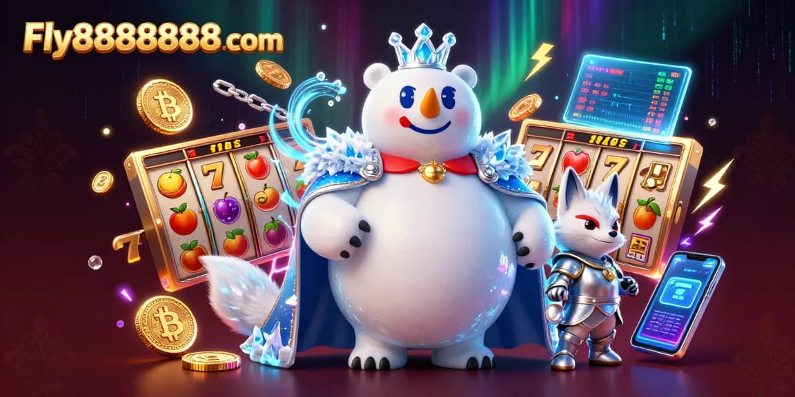 Engage with exciting games at Fly88888888 com's vivid casino scene featuring dynamic characters and slot elements.
