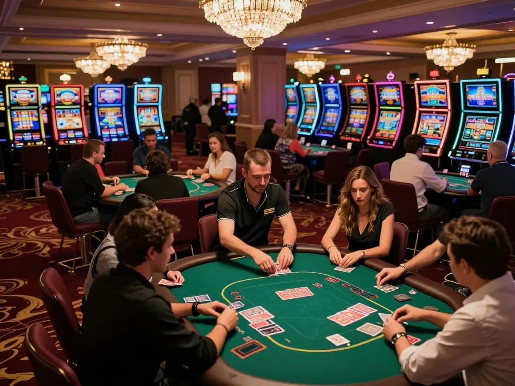 Kuwin players engaging in competitive poker gameplay at a bustling casino