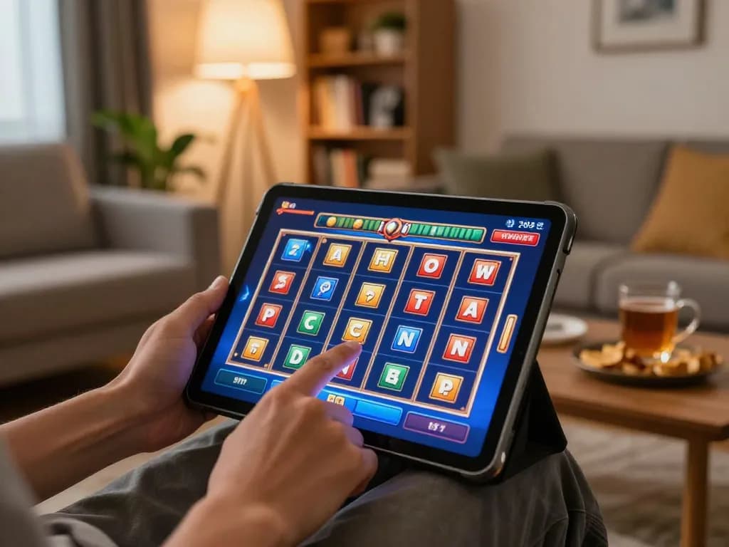 Playing slot online on a tablet in a cozy living room with vibrant graphics and snacks.