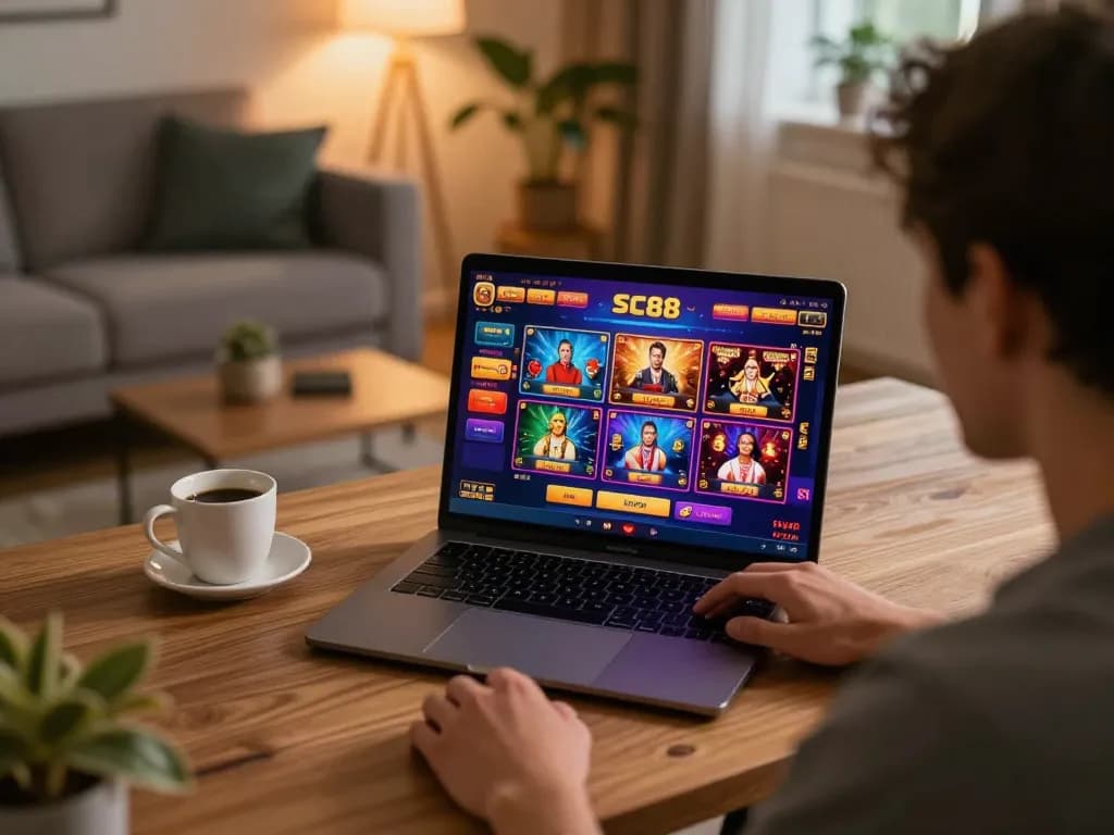 Player engaging with SC88 platform on laptop, showcasing vibrant online gambling experience.