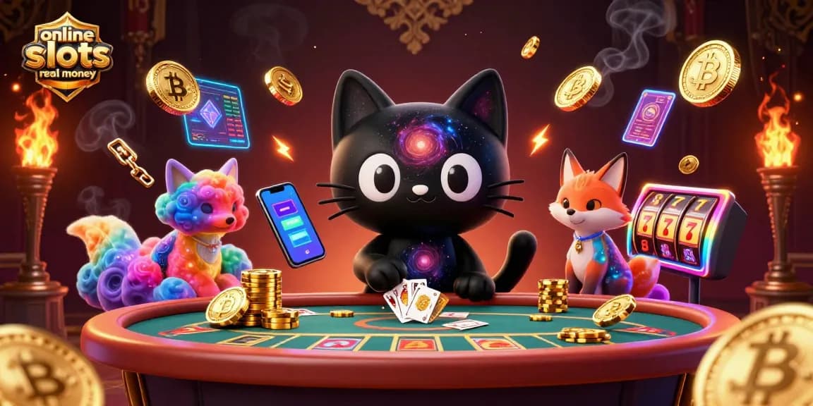Spin to win with online slots real money at a cosmic casino featuring dynamic characters and crypto elements.