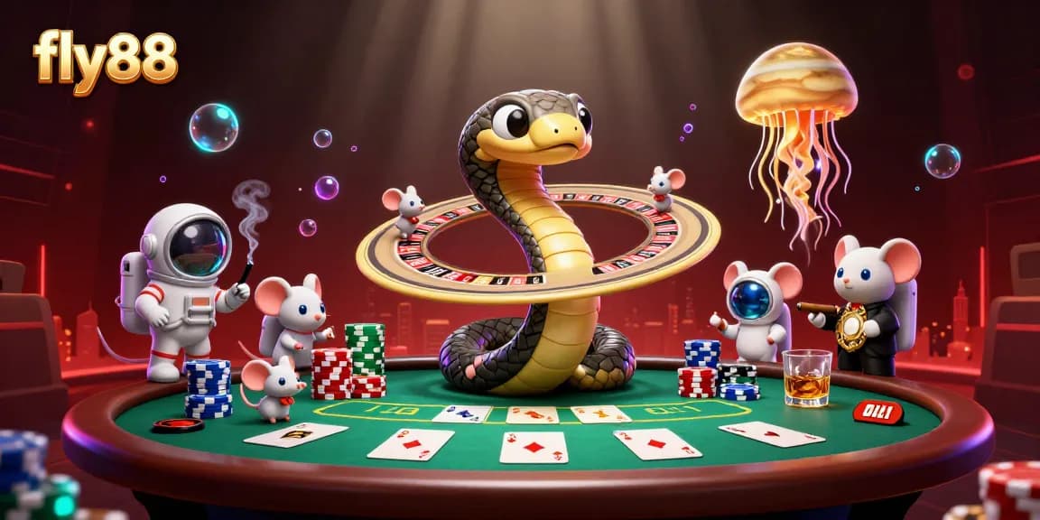Experience an exciting fly88 casino adventure with astronaut mice betting on a cosmic roulette wheel.