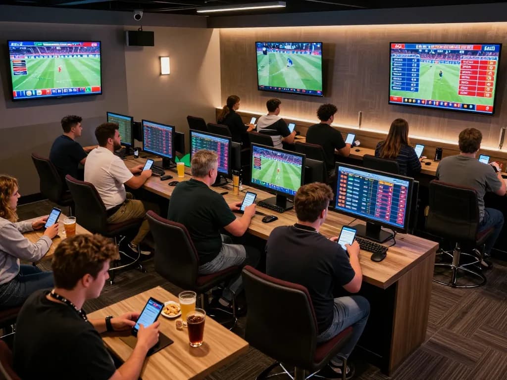 Engaging fans analyze their bets using mobile apps for keo nha cai 5 in a vibrant sports lounge.