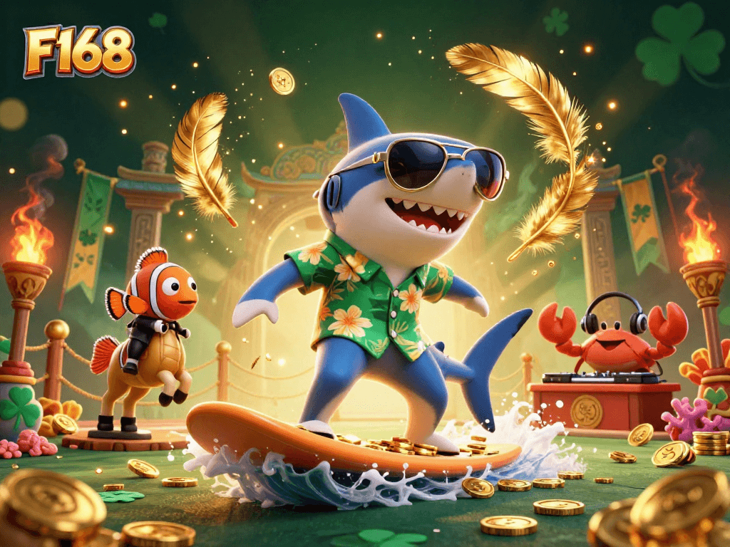 F168 immerses players as a shark surfs gold coins in vibrant casino-themed illustration.