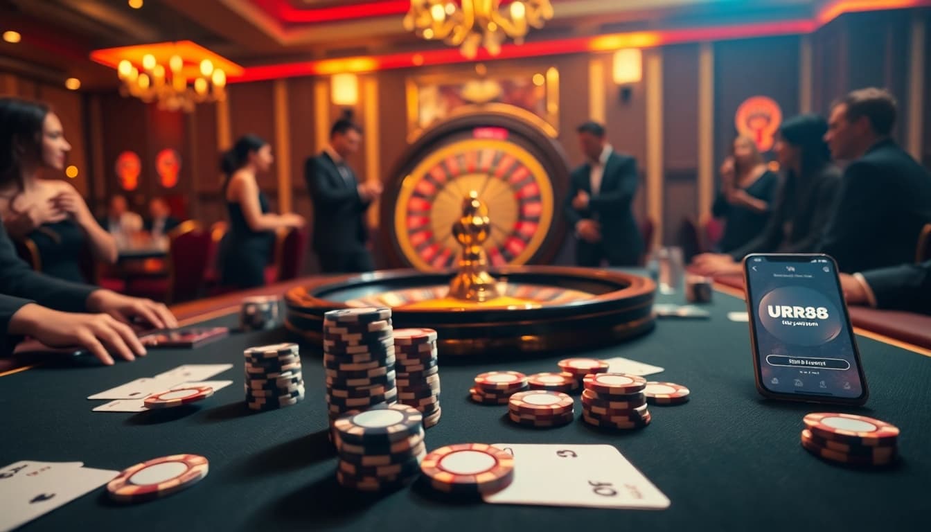 Experience thrills at https://urr88.com/ with a luxurious casino table set for poker, surrounded by eager players.