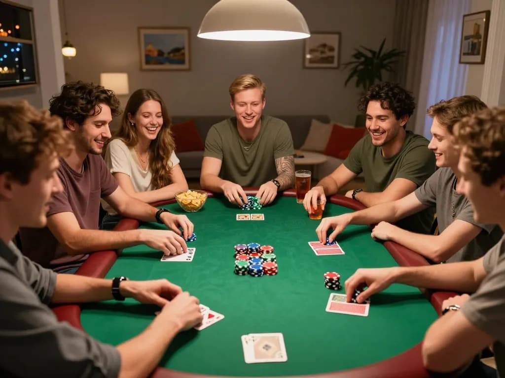 Friends enjoying a dynamic poker night with 23win cards and chips visible in a cozy home setting.
