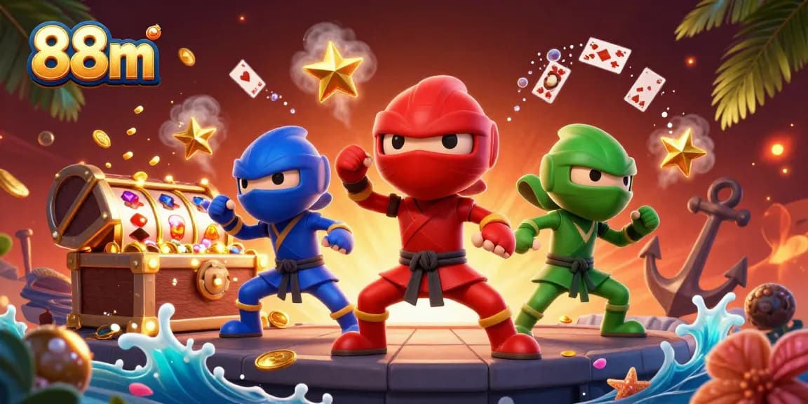 Experience thrilling gameplay with 88m's ninja chameleon team amidst slot reels and golden treasures.