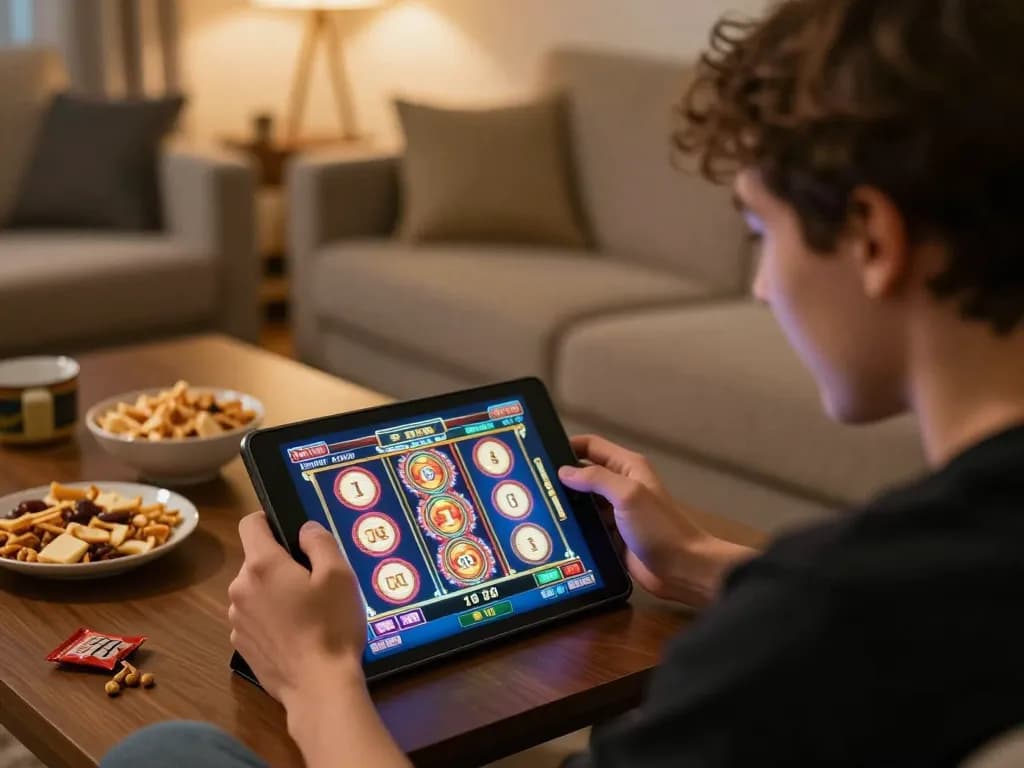 Player enjoying 81ff online slots on tablet in a warm living room setting with snacks.