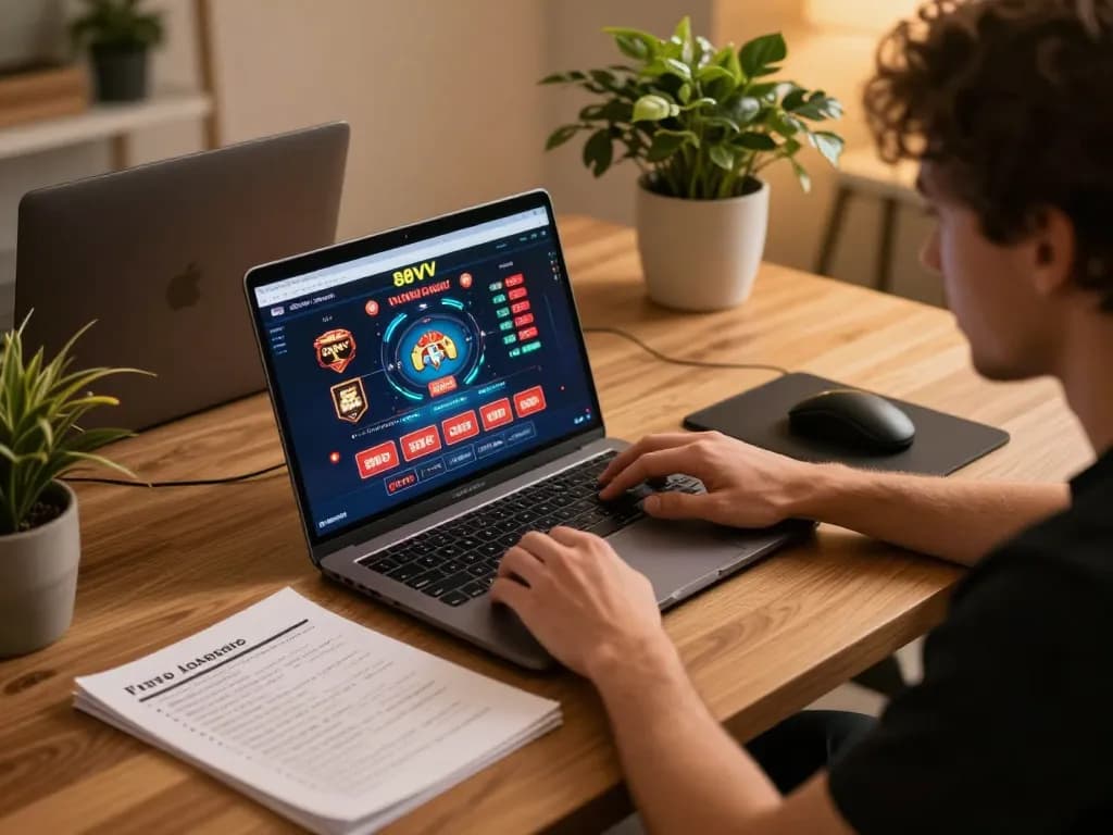 Player engaging with 88VV online casino game on laptop, showcasing a strategic gaming setup