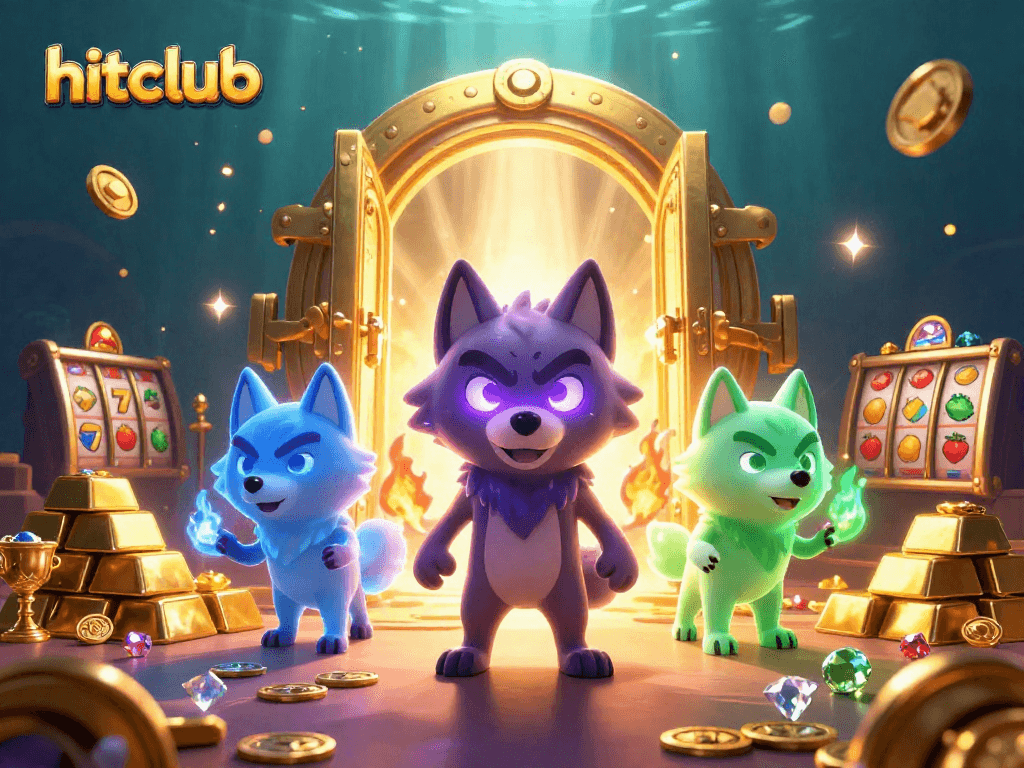Experience the thrill of hitclub with glowing wolves guarding riches in a vibrant casino scene.