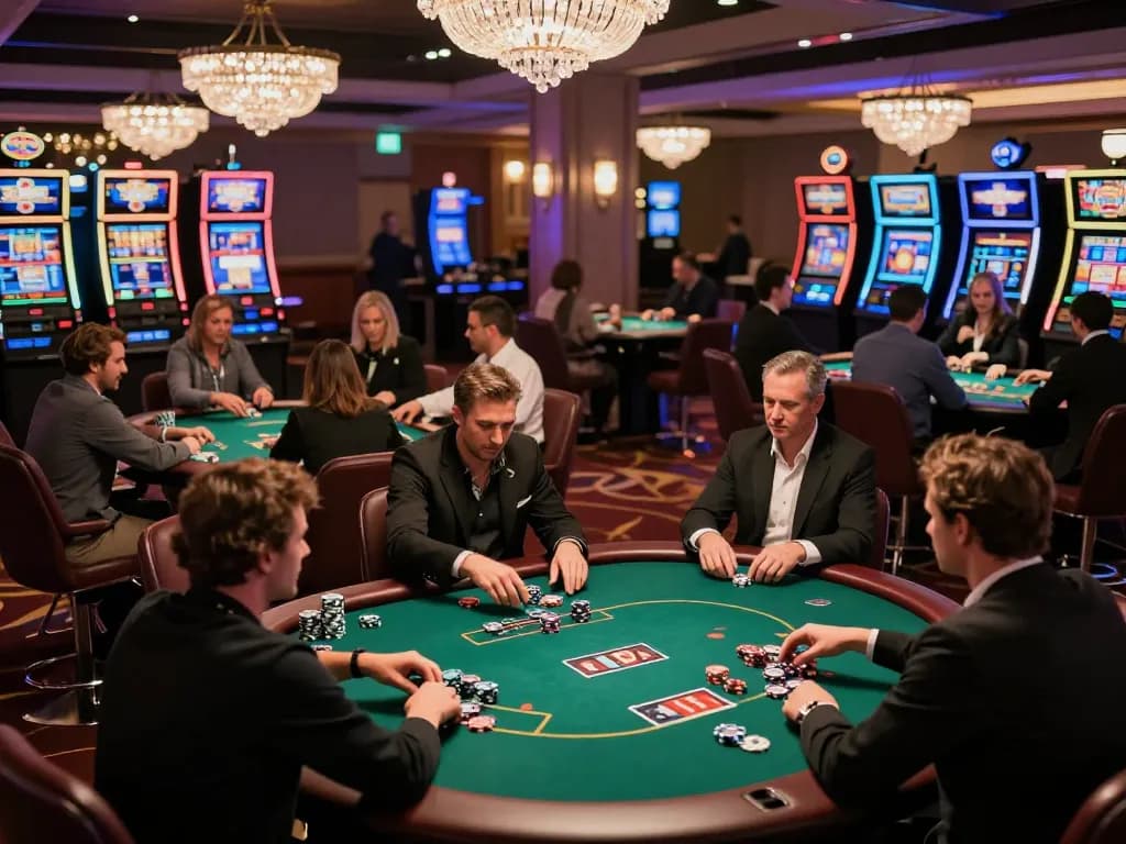 LLWIN players enjoy an exciting poker game on the vibrant casino floor.