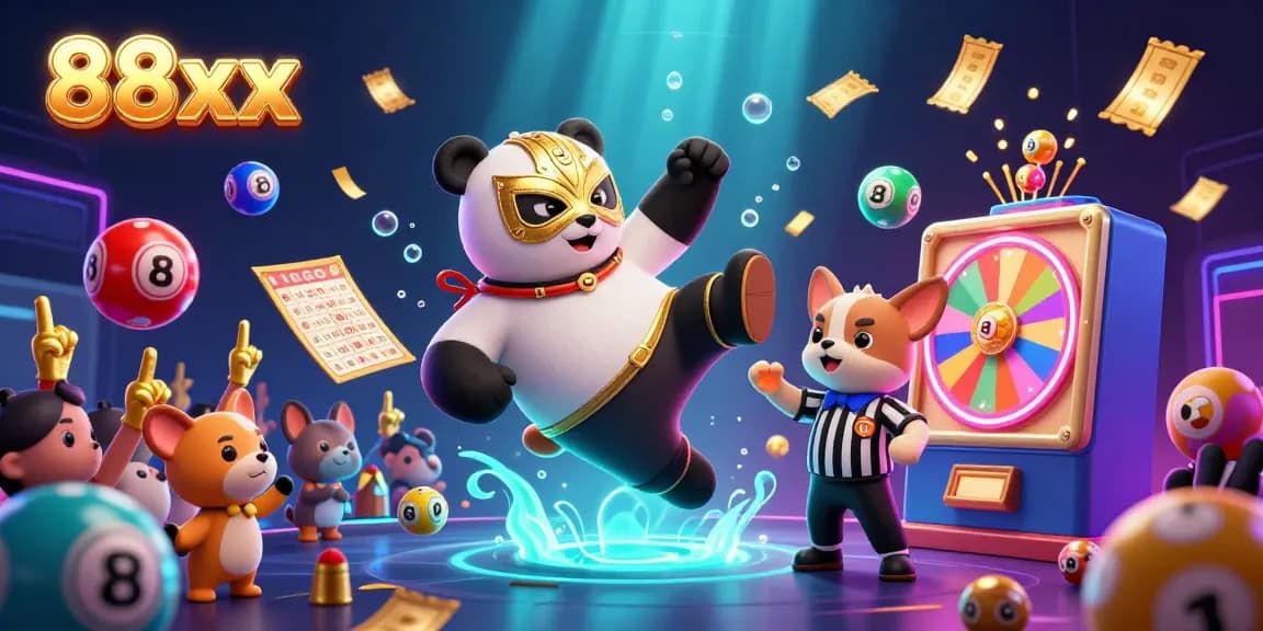 Witness thrilling action at 88xx, where a panda wrestler performs a flying kick amidst vibrant game elements.