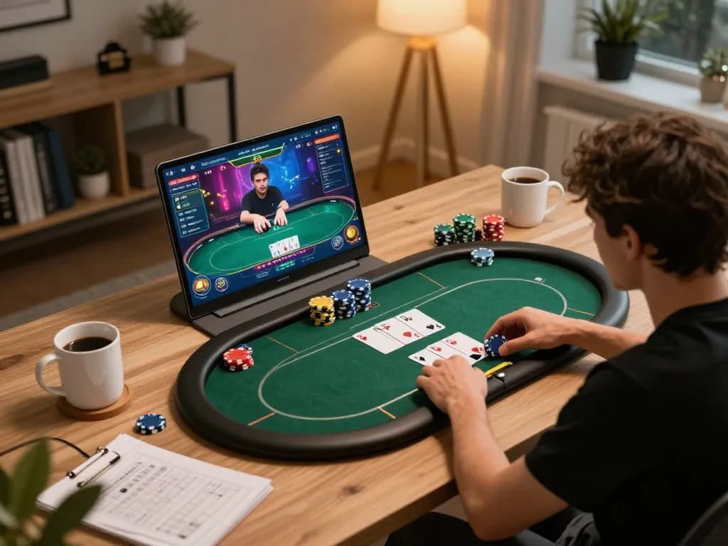 Players enjoying online poker on nhà cái lv88 with vibrant game interface and strategy notes on desk.