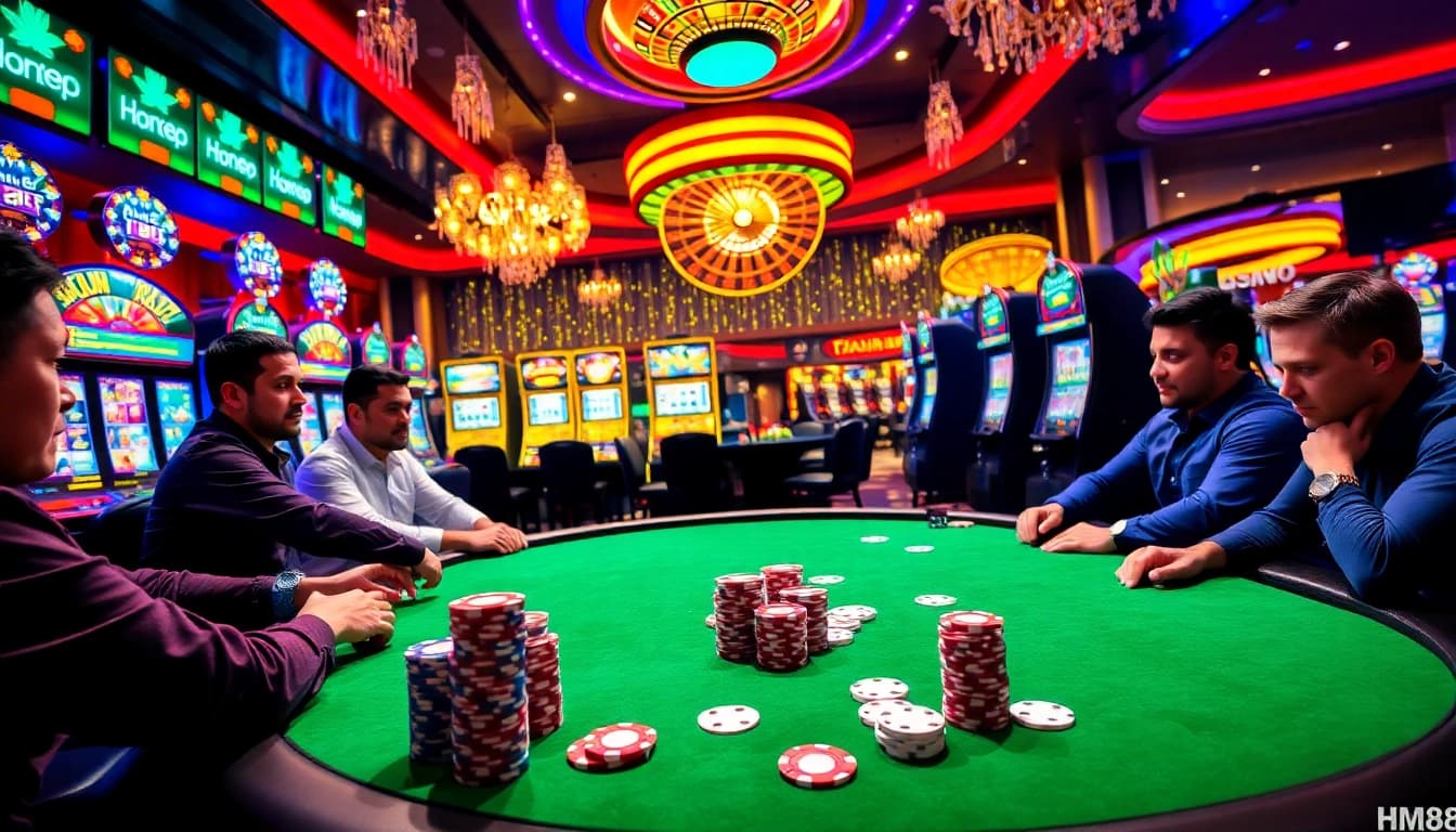 Players enjoying high-stakes gaming at hm88 casino featuring poker, roulette, and vibrant slot machines.