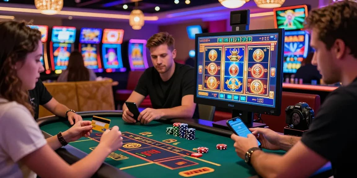 Engaged players at a credit card casino from https://jumpspace.org.uk showcasing excitement with bright LED lights and diverse gaming options.