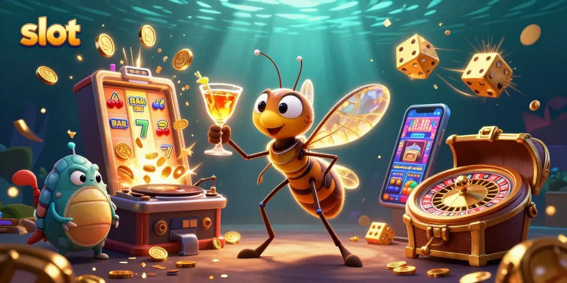 Spin the reels with slot-themed characters and vibrant casino elements in this dynamic 3D scene.
