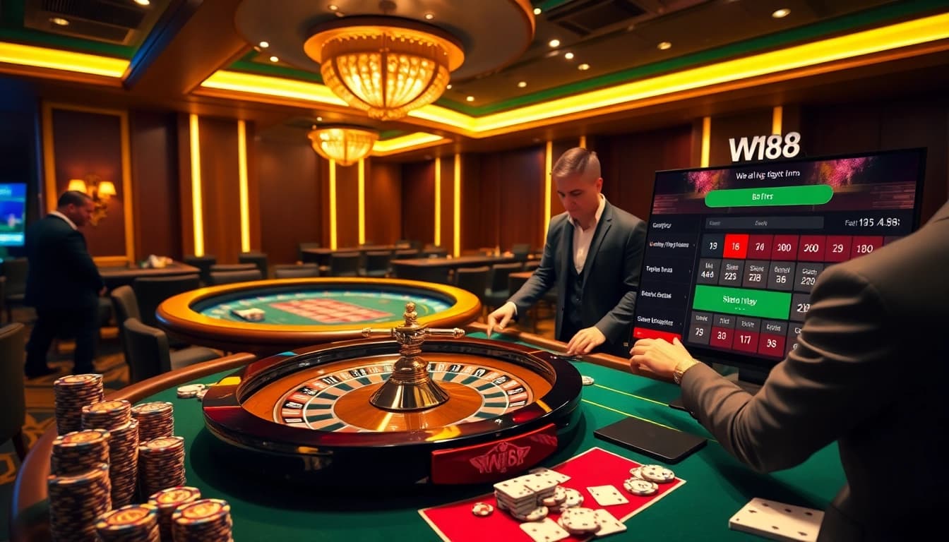 W188's exciting gambling scene with roulette and poker interactions.
