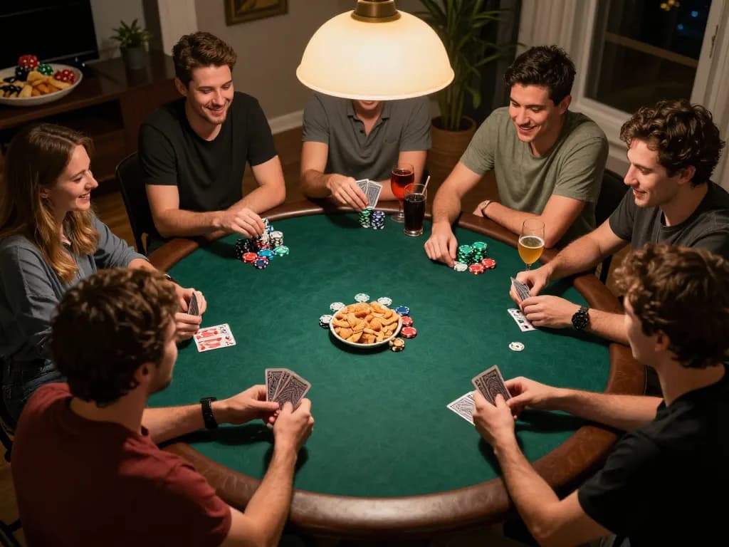 Friends enjoying a poker night at home while strategizing for 78wingo game play.