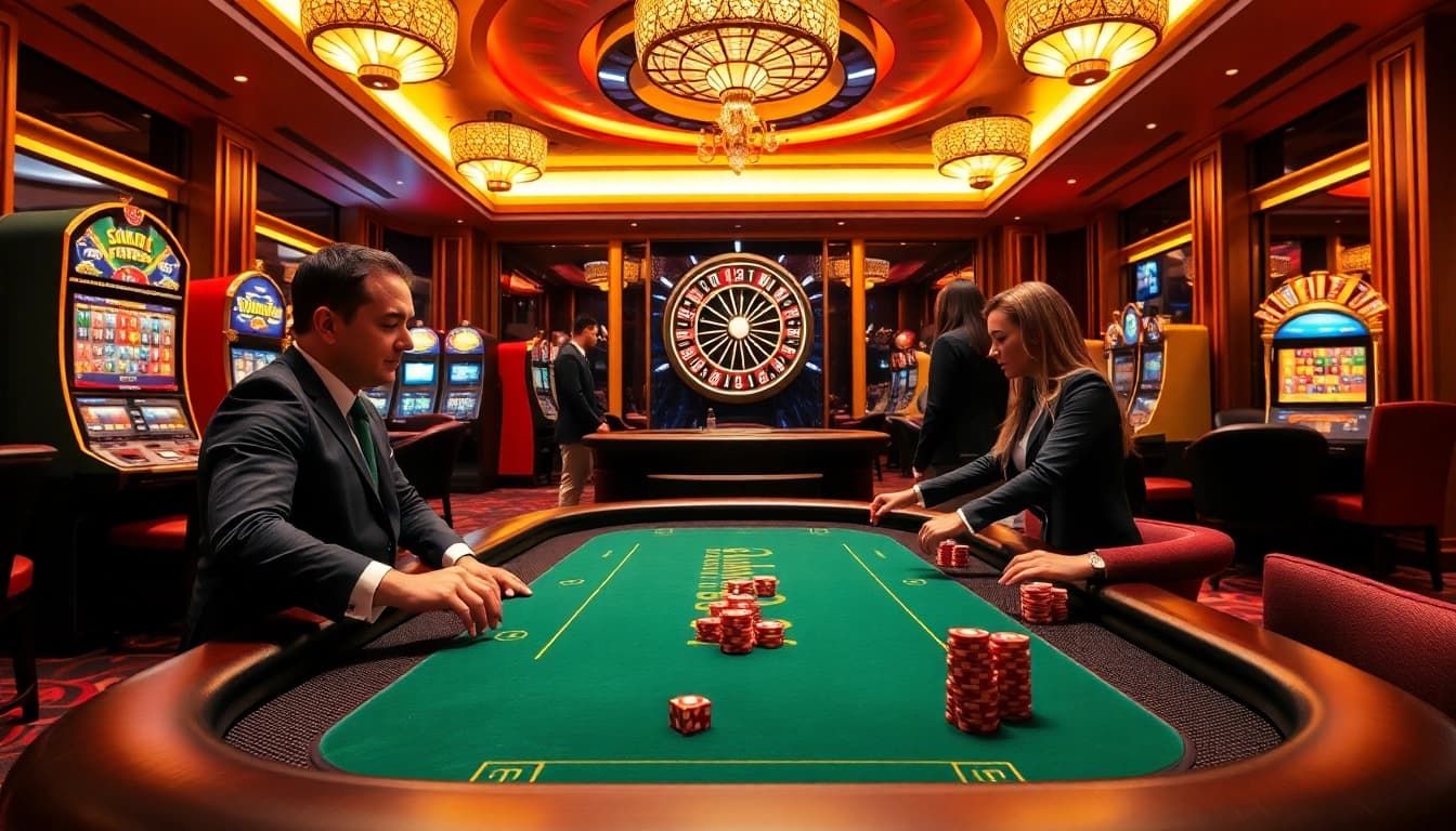 Experience excitement at kuwinblog.com with players enjoying table games in a vibrant casino atmosphere.