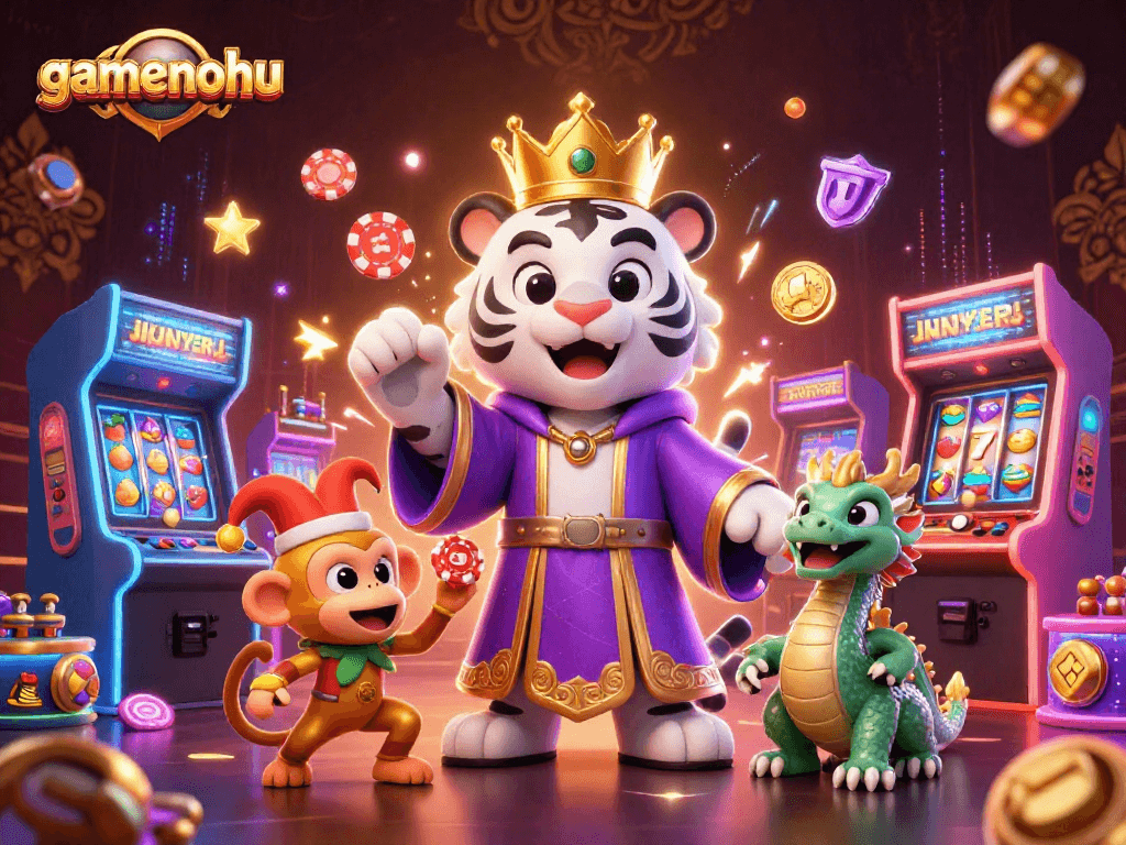 Experience gamenohu with a vibrant, dynamic illustration of a casino scene highlighting game elements and playful characters.