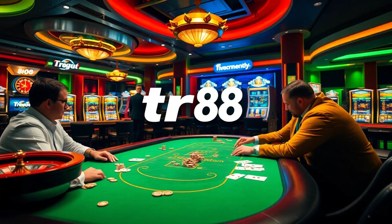 Exciting poker game scene featuring professional players at a tr88 gaming table with vibrant casino elements.