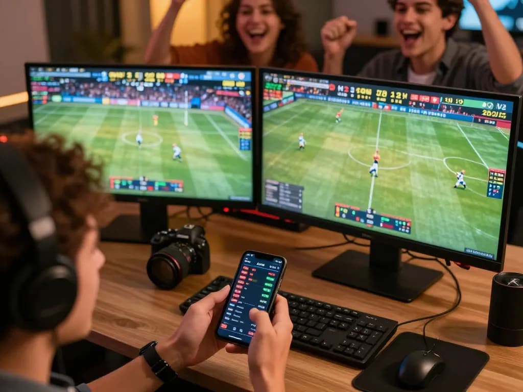 Engaged player betting on a smartphone with good88a on live sports, showcasing dynamic gaming setup.