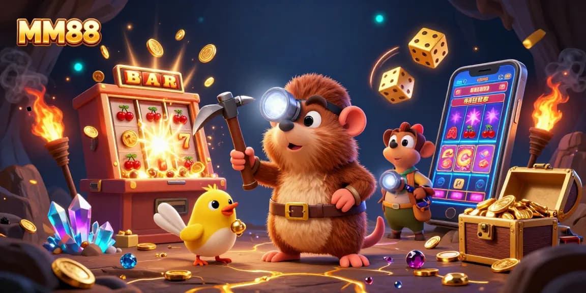 Experience dynamic gaming excitement at MM88 with vibrant illustrations of treasure and jackpots.