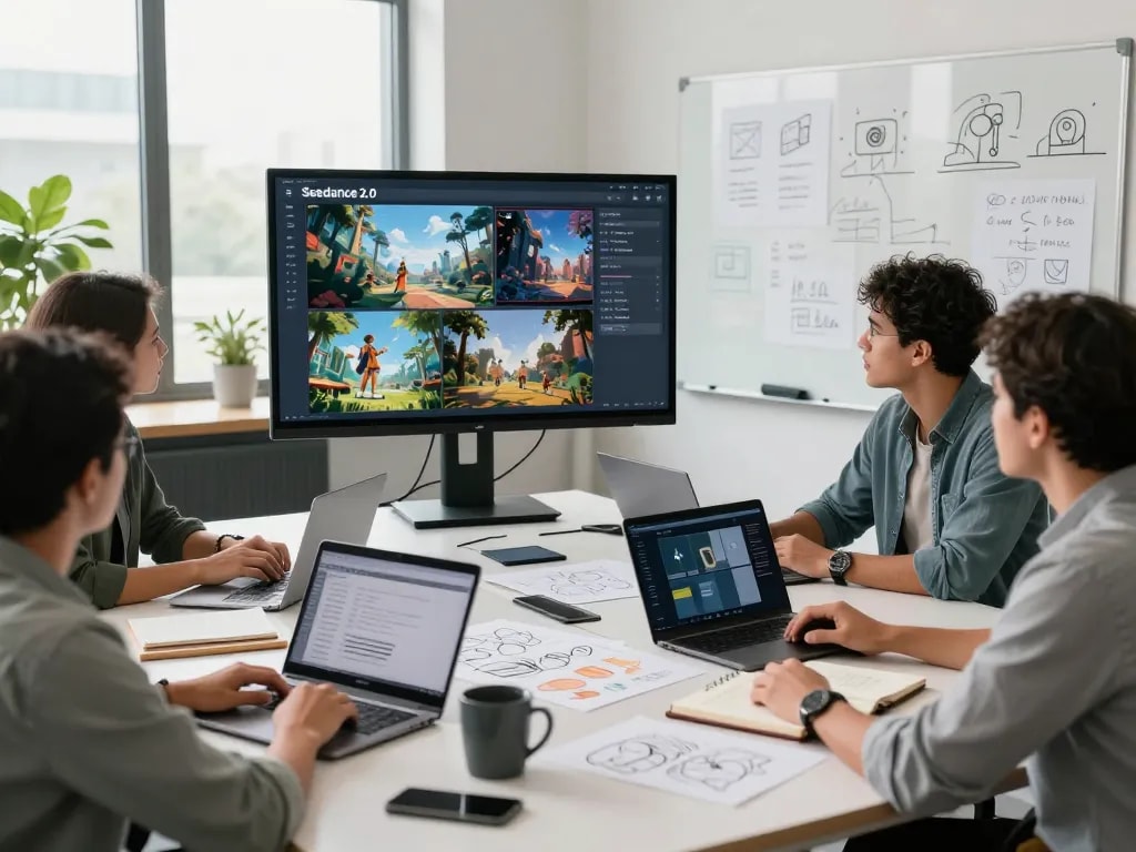 Team collaborating using ai seedance 2.0 for dynamic video production in a modern office.