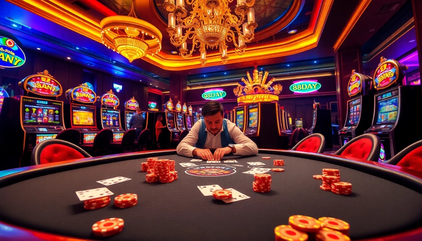 Engaging casino experience at 8DAY with poker chips and cards on a luxurious table.