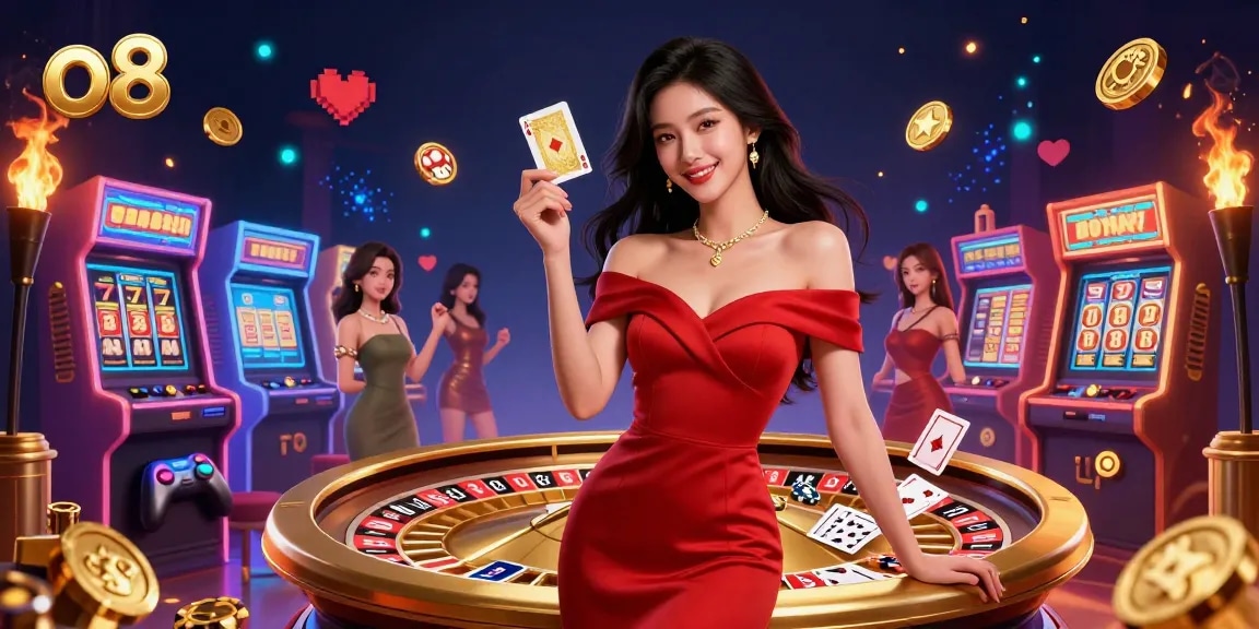 Experience thrilling moments at o8 with a stylish young woman holding a golden playing card in a vibrant casino scene.