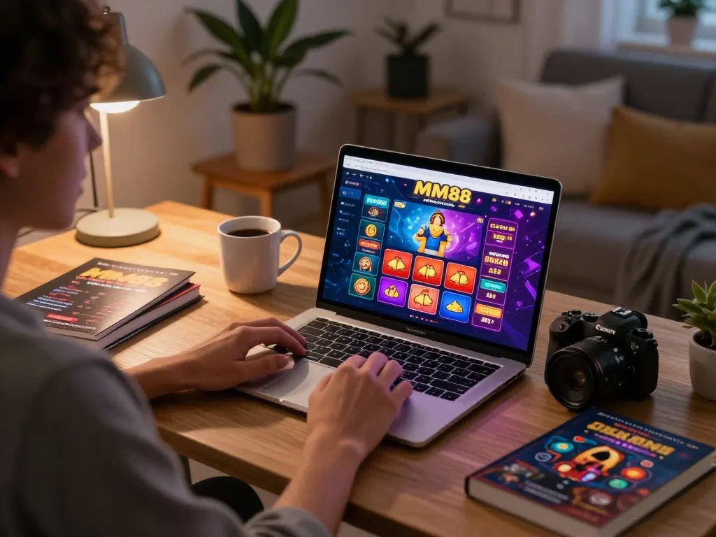 Engaging online gameplay with MM88 casino interface displayed on laptop, cozy home settings highlight strategic gaming