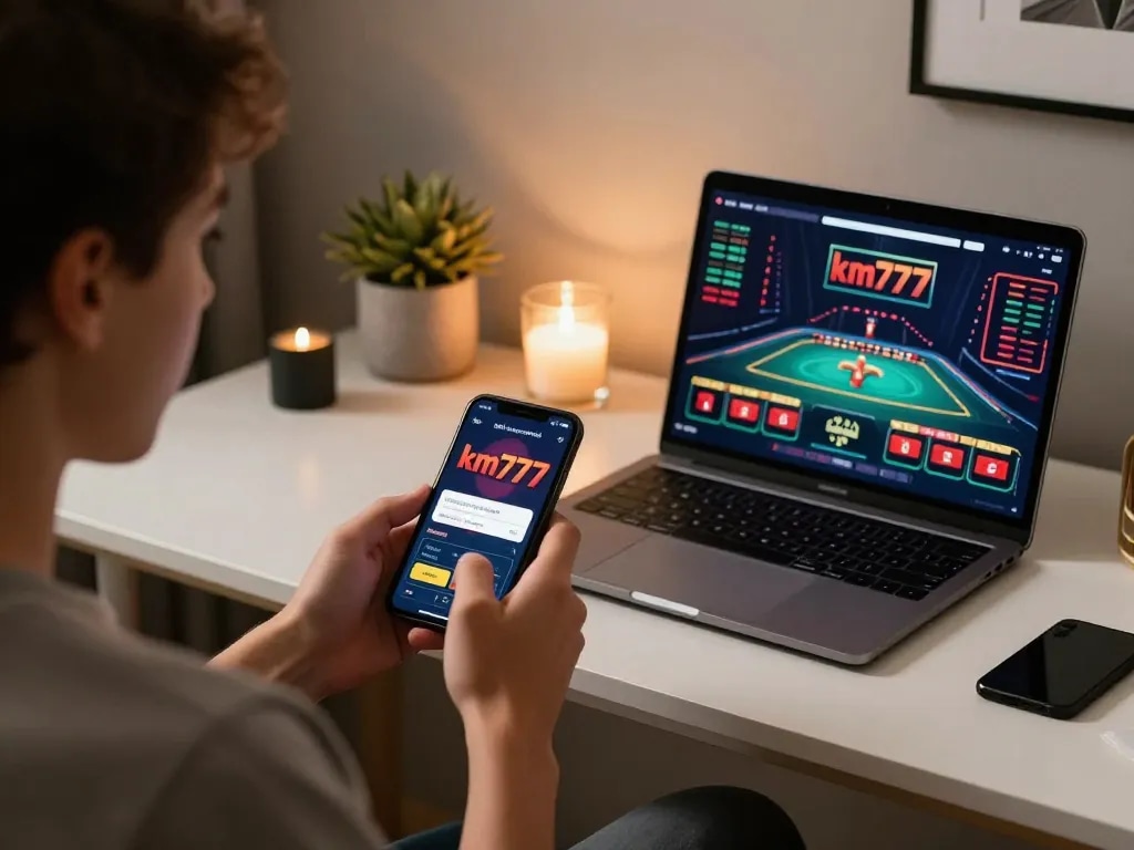 Engaged user playing km777 casino app on smartphone in stylish home setup, emphasizing responsible gambling.