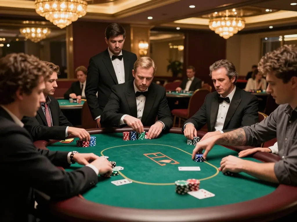 Exciting poker game at an upscale casino showcasing gameplay dynamics at https://www.atqvn.com/ with luxurious decor, eager players, and vibrant atmosphere.
