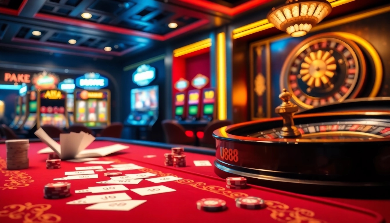Experience thrilling action at U888 with vibrant casino tables and colorful slot machines.