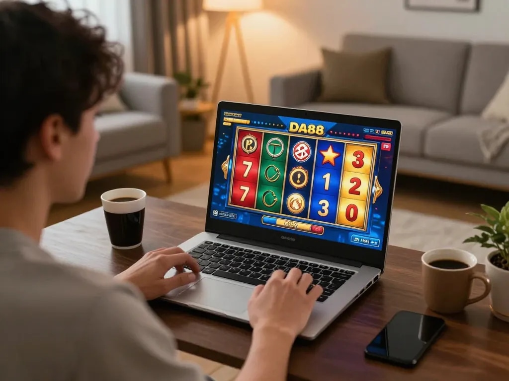 Player celebrates a win on DA88 slot game at home, showcasing vibrant gaming atmosphere