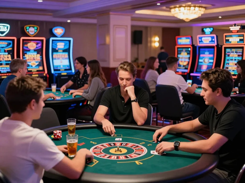 Exciting gaming atmosphere at 789club with players at roulette and poker tables, vibrant neon lights.