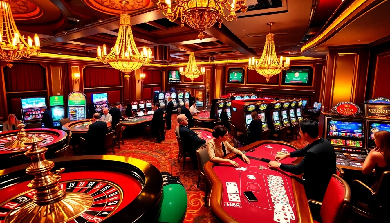 Engaged gamblers enjoying the casino atmosphere at https://hu88.za.com/, featuring roulette and poker tables.