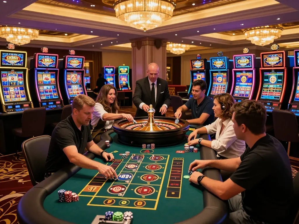 Players engaging in exciting gameplay at cm88's upscale casino floor with slot machines and a roulette wheel.