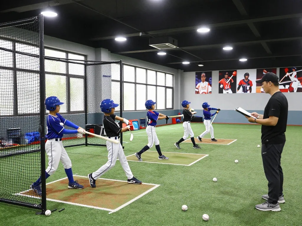 hitclub youth athletes training in batting cages with instructors supporting