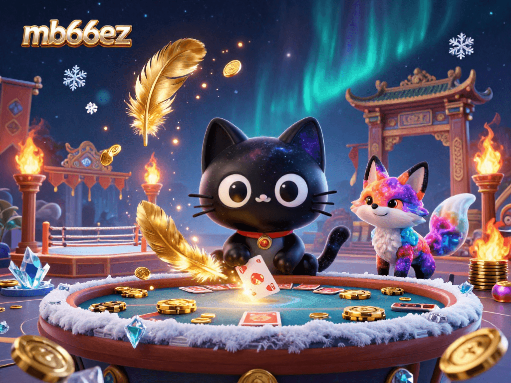 Experience mb66ez at a cosmic casino with a black hole cat and nebula fox pulling in chips and cards.