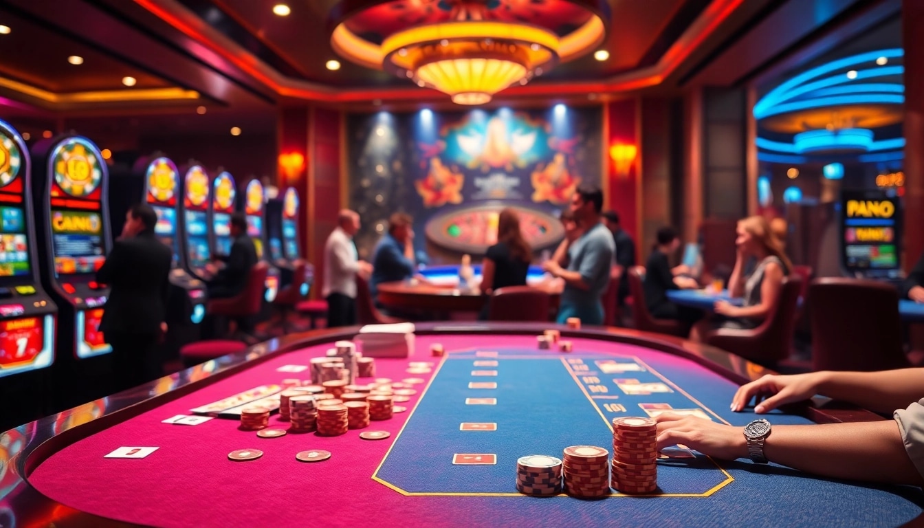 Players enjoying thrilling casino games at https://win58win.com/ surrounded by vibrant slot machines and a roulette wheel.