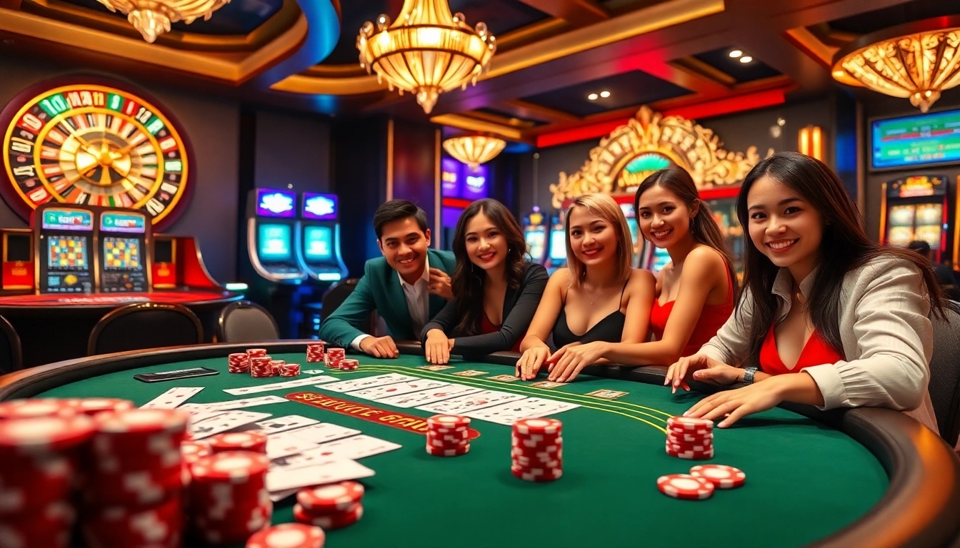 SAY88 players enjoying a high-stakes poker game at an elite casino table with vibrant lights.