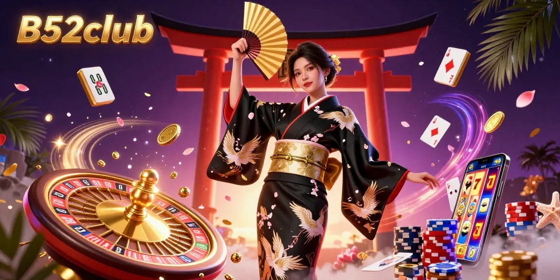 B52club showcases an elegant Asian woman in a dynamic casino scene with vibrant gaming elements flying around, enhancing the excitement.
