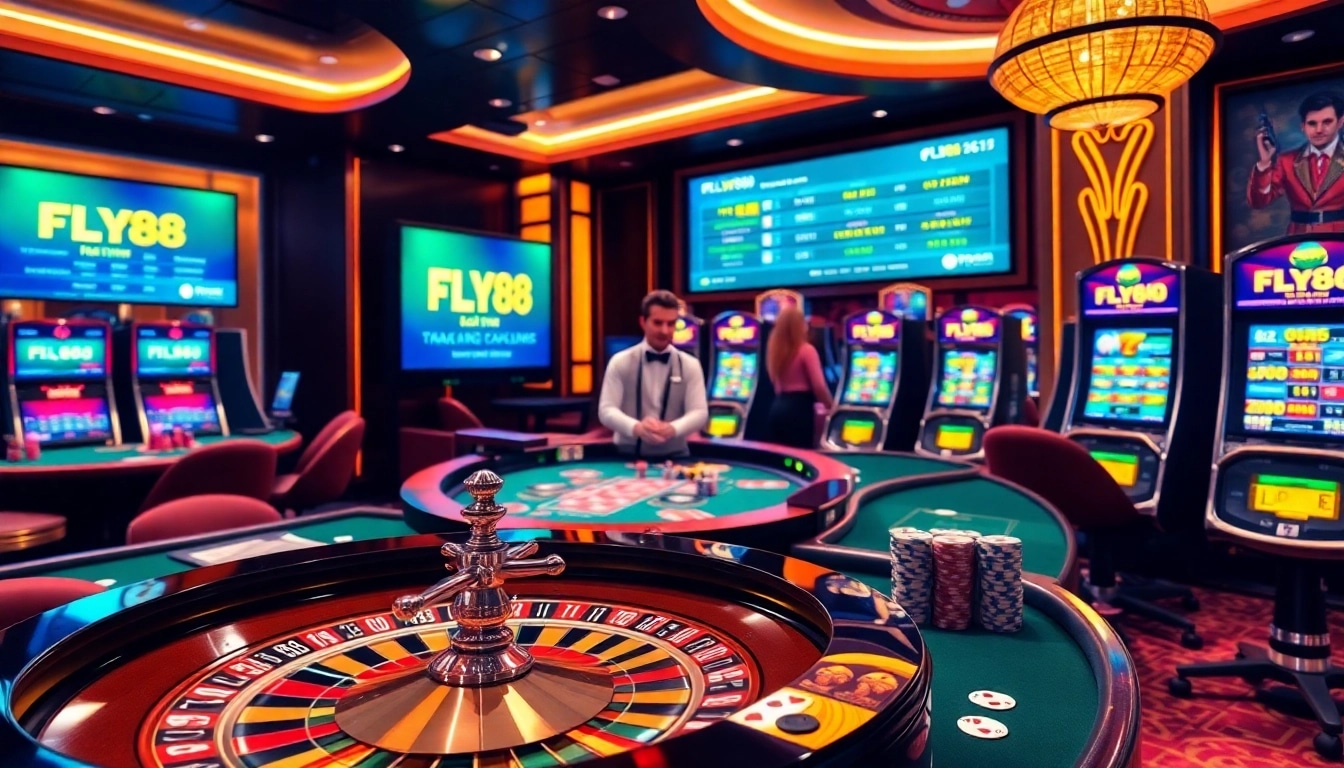 Immersive gaming environment at trang chủ FLY88, featuring roulette, poker chips, and vibrant casino elements.