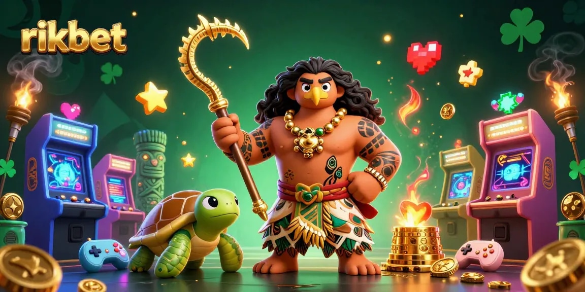Engage with rikbet's thrilling casino adventure featuring interactive gaming icons and vibrant characters.