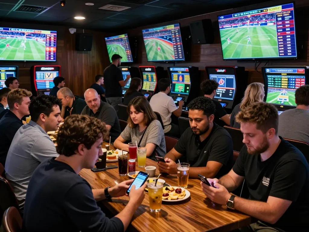 Sports betting enthusiasts using nhandinhkeonhacai app to place wagers at a vibrant sports bar.